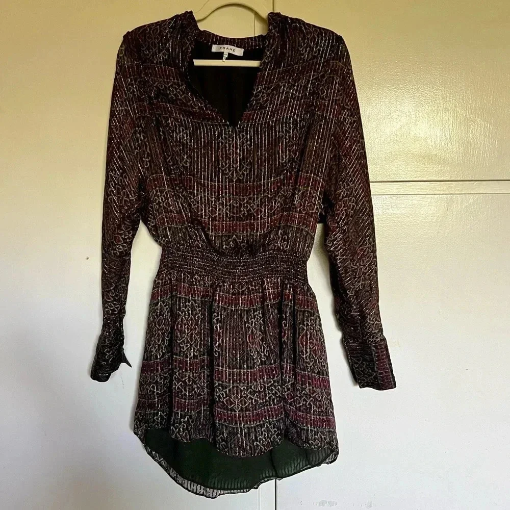 Frame Paisley Metallic‎ Silk Long Sleeve Mini Dress Size Small